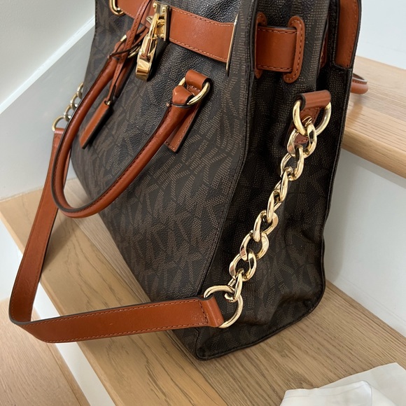 Michael Kors Hamilton Brown Leather Monogram Logo Satchel - Picture 3 of 4